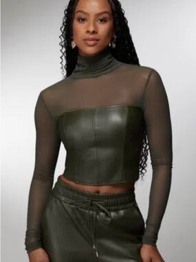 BEBE X Ciara Mock Mesh Turtleneck Faux-Leather Top with sheer sleeves Medium